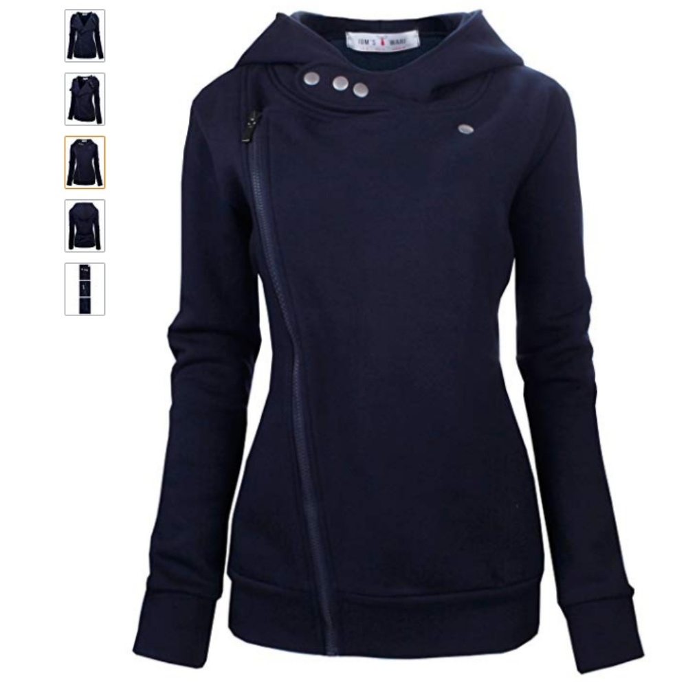 Navy asymmetrical zip snap collar hooded jacket